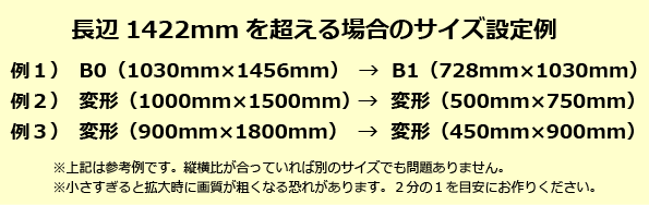 長辺が1422mmを超える場合のサイズ設定例：B0サイズならB1、900mm×1800なら700mm×1400mmなど、2分の1を目安に縦横比が同じ縮小サイズで作成してください。